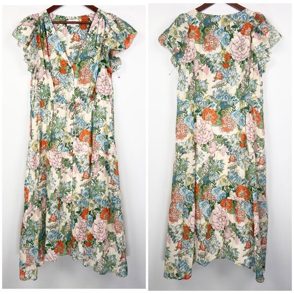 Trovata Birds of Paradis Floral Midi Dress L Ramie Cotton V-Neck Tiered Boho - Picture 4 of 9